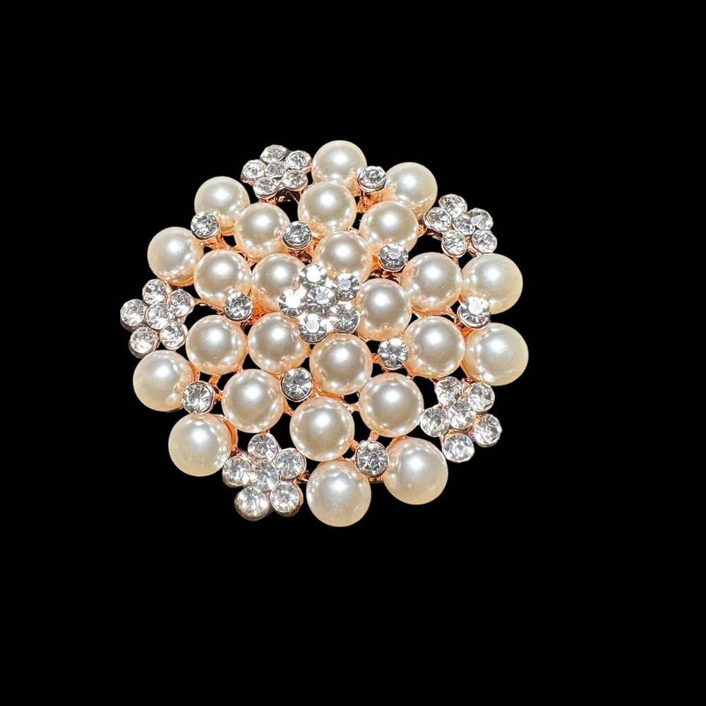 Large Brooch Faux Pale Pink Pearls Crystal Rhinestones Rose Gold Bridal Bouquet
